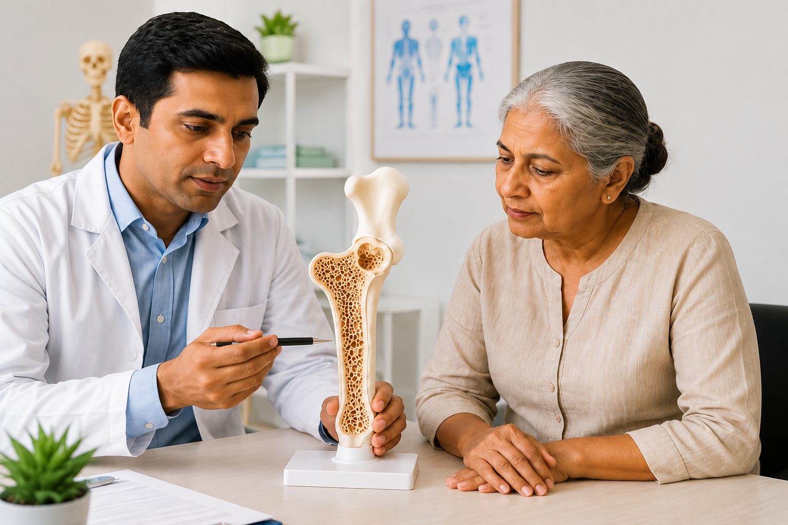 Doctor explaining bone health to a patient using a femur model